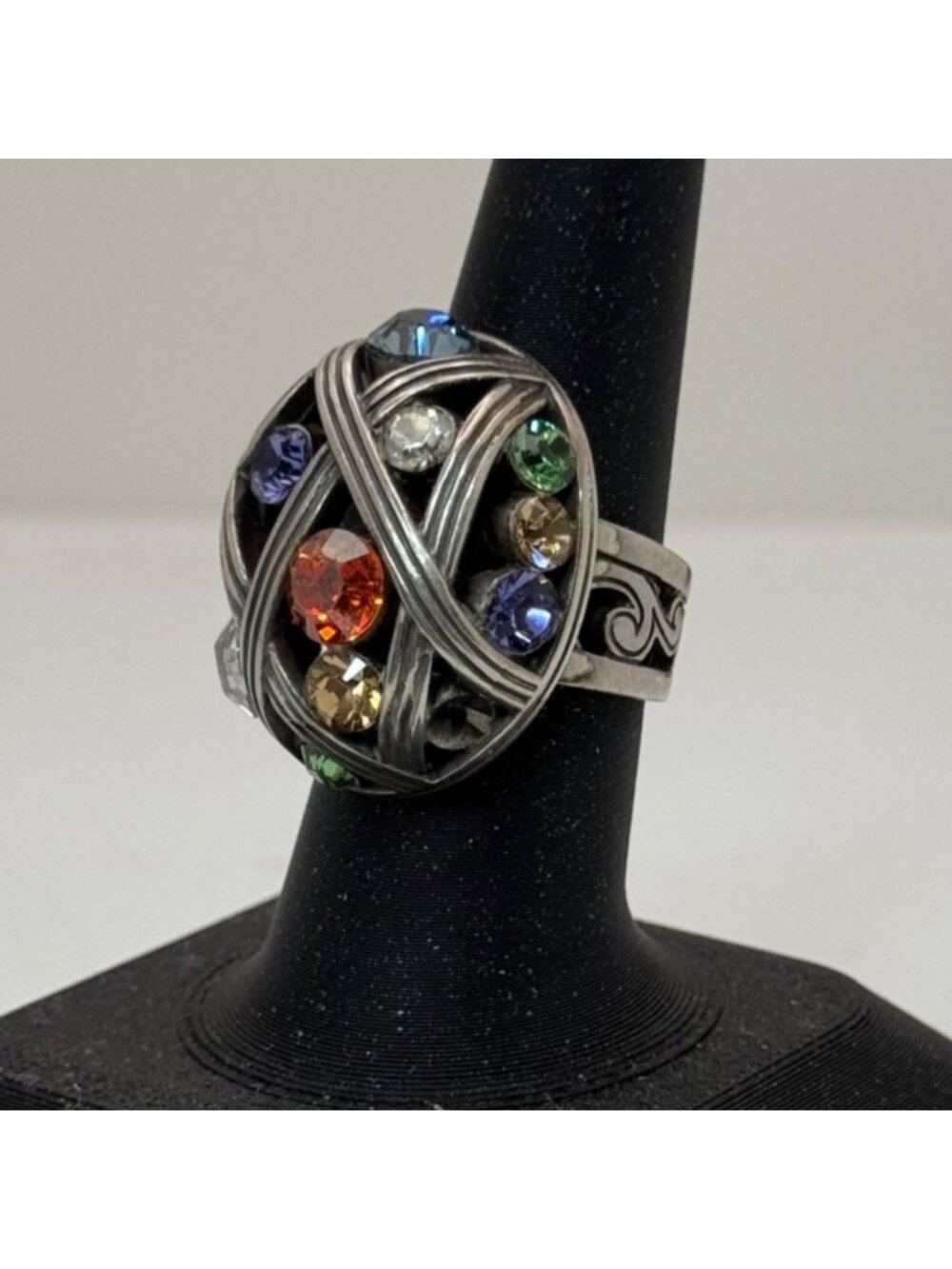 Brighton Multicolor Gemstone Silver Ring Scroll Swirl Band Design Sz 7 Statement